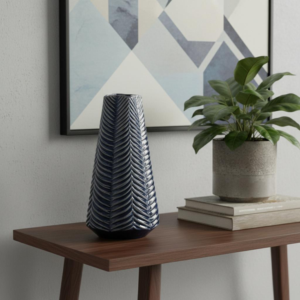 MALIBU 10" NAVY BLUE ABSTRACT CERAMIC CYLINDER TABLE VASE - Varnish & Vibe