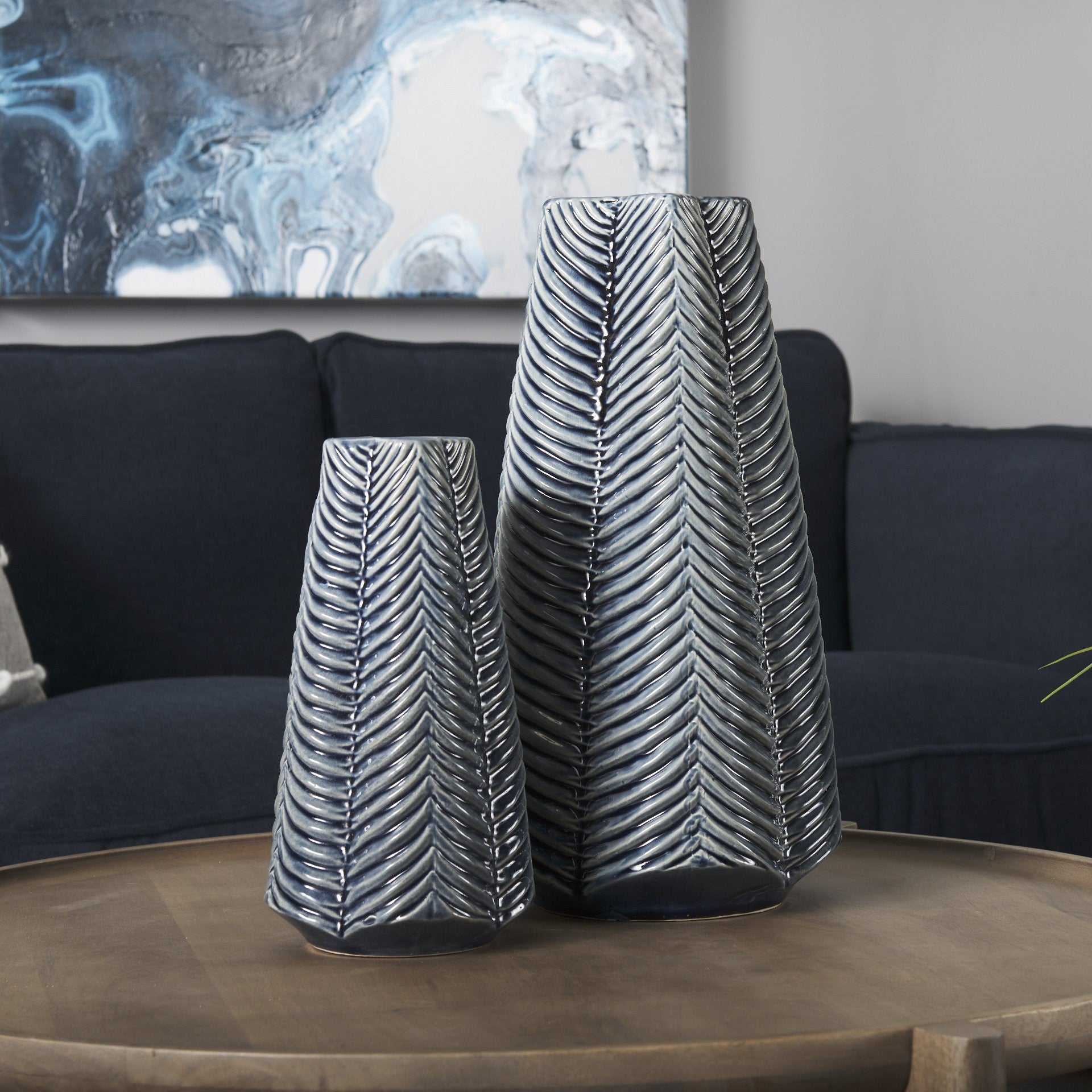 MALIBU 10" NAVY BLUE ABSTRACT CERAMIC CYLINDER TABLE VASE - Varnish & Vibe