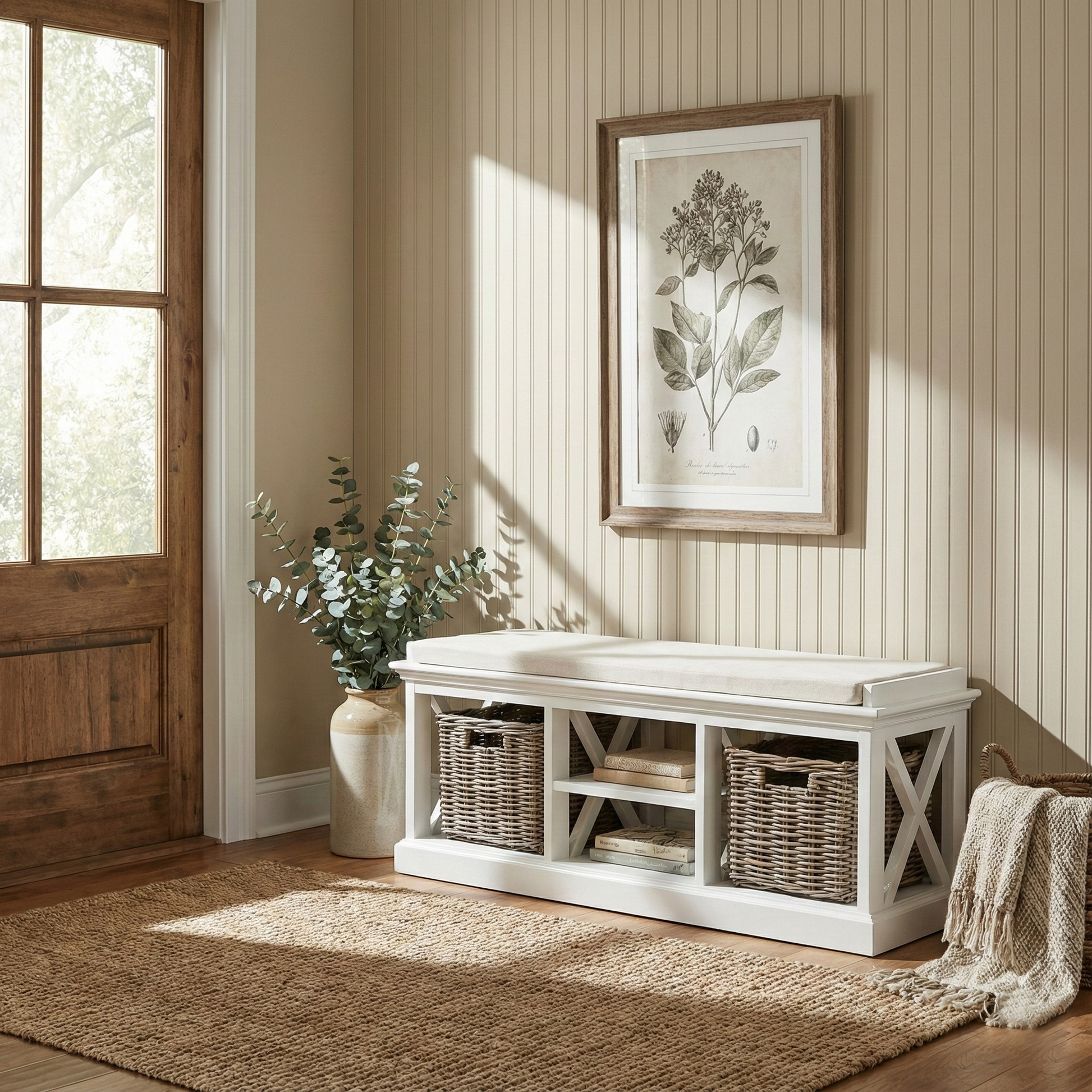 White wooden bench with storage baskets in a room with a window, plant, and framed artwork.