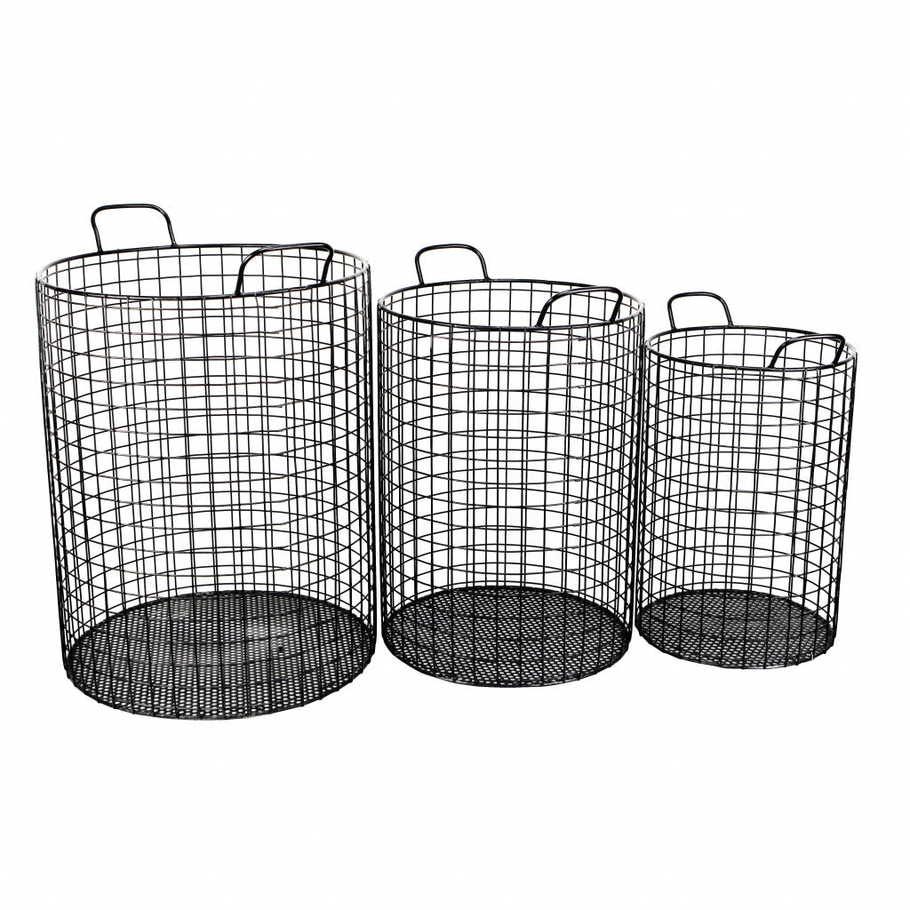 SET OF THREE METAL WIRE STORAGE BASKETS