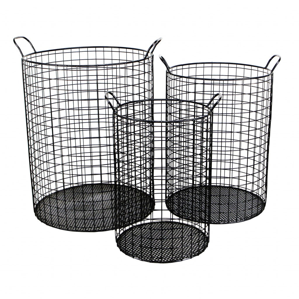 SET OF THREE METAL WIRE STORAGE BASKETS