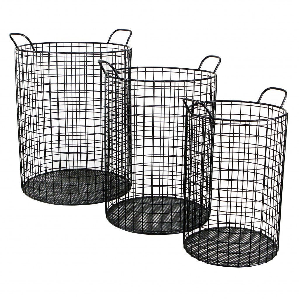 SET OF THREE METAL WIRE STORAGE BASKETS
