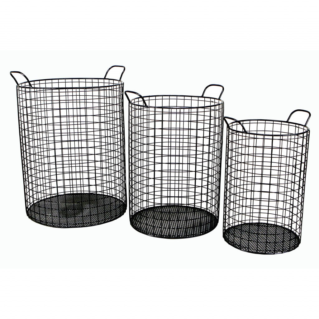 SET OF THREE METAL WIRE STORAGE BASKETS