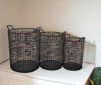 SET OF THREE METAL WIRE STORAGE BASKETS