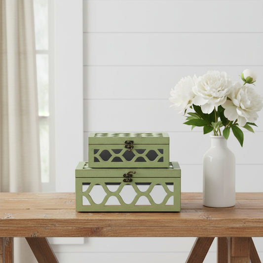 CALABASAS SET OF TWO GREEN MIRRORED GLASS AND SOLID WOOD BOX WITH LID - Varnish & Vibe