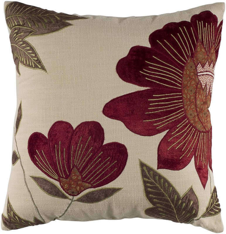 18" BEIGE AND RED FLORAL THROW PILLOW WITH EMBROIDERY - Varnish & Vibe