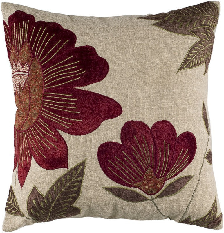 18" BEIGE AND RED FLORAL THROW PILLOW WITH EMBROIDERY - Varnish & Vibe