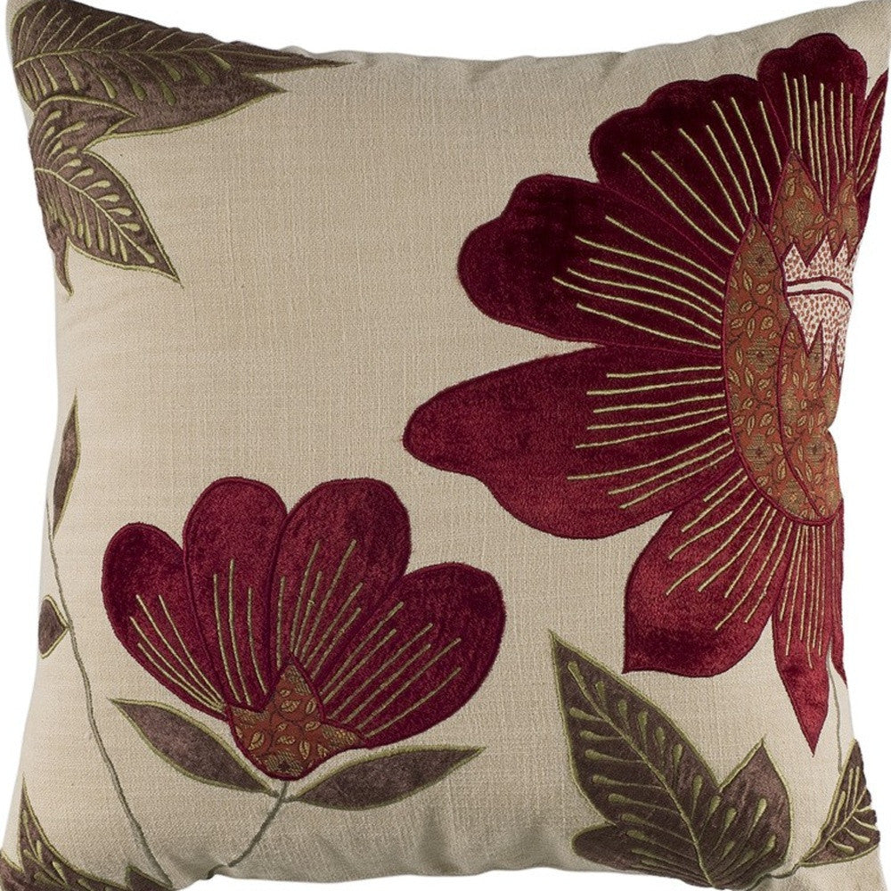 18" BEIGE AND RED FLORAL THROW PILLOW WITH EMBROIDERY - Varnish & Vibe