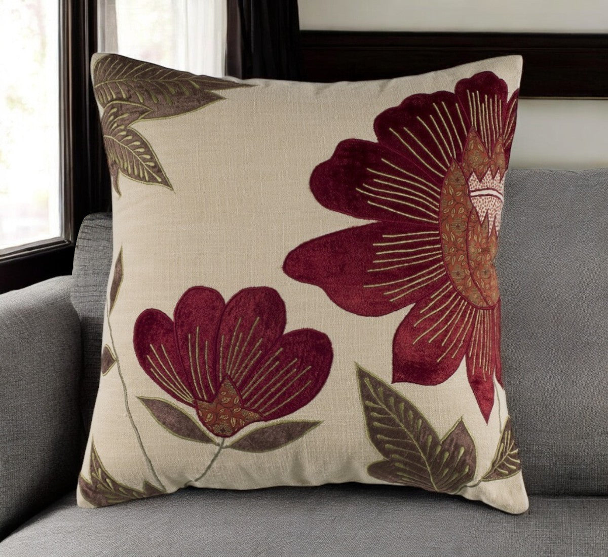 18" BEIGE AND RED FLORAL THROW PILLOW WITH EMBROIDERY - Varnish & Vibe