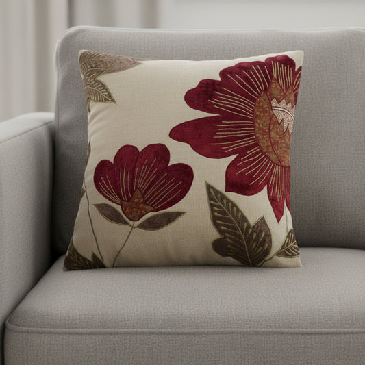 18" BEIGE AND RED FLORAL THROW PILLOW WITH EMBROIDERY - Varnish & Vibe