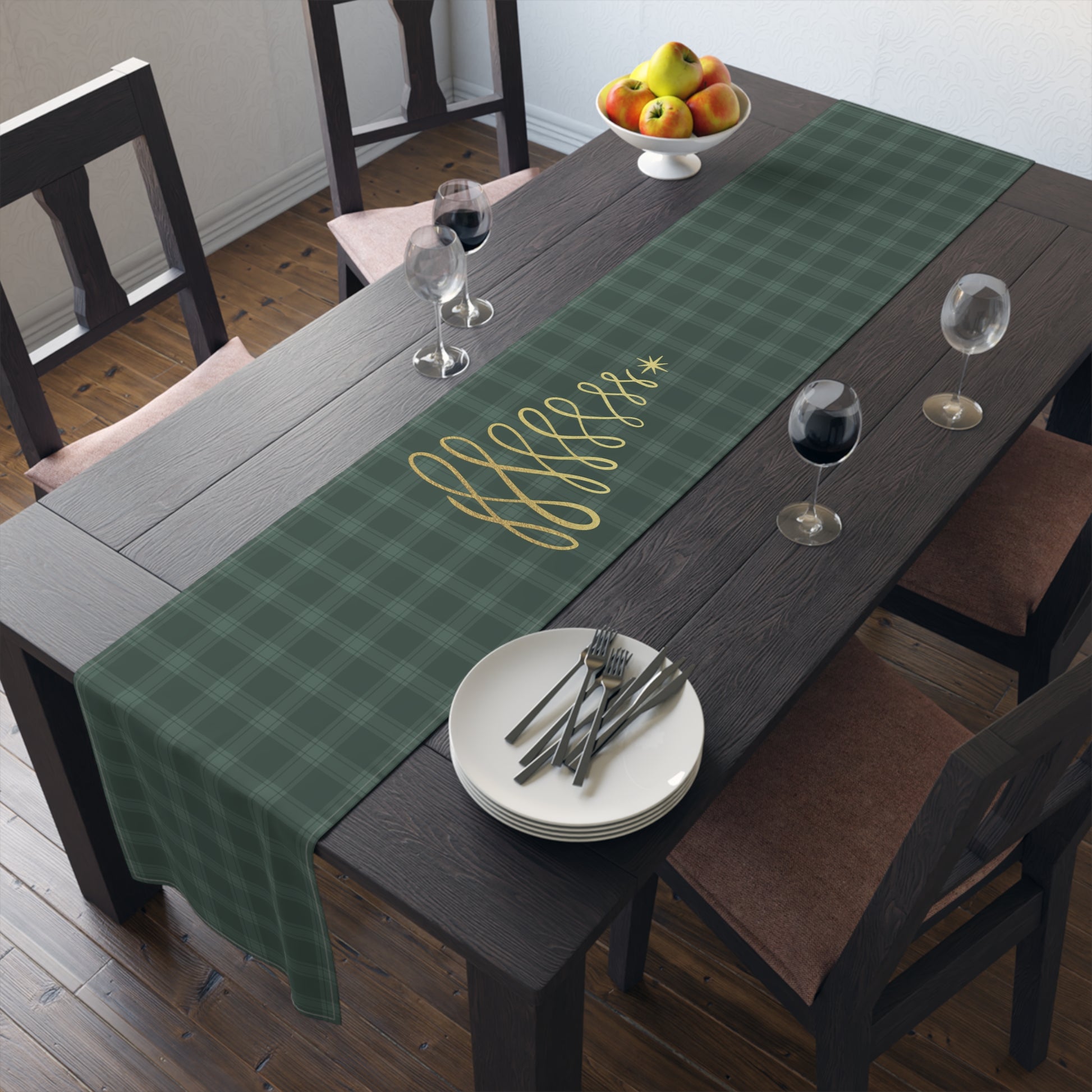 Green Tartan Christmas Tree Table Runner (Cotton, Poly) - Varnish & Vibe