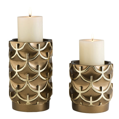 LAUREL SET OF TWO ANTIQUED BRASS TABLETOP PILLAR CANDLE HOLDERS