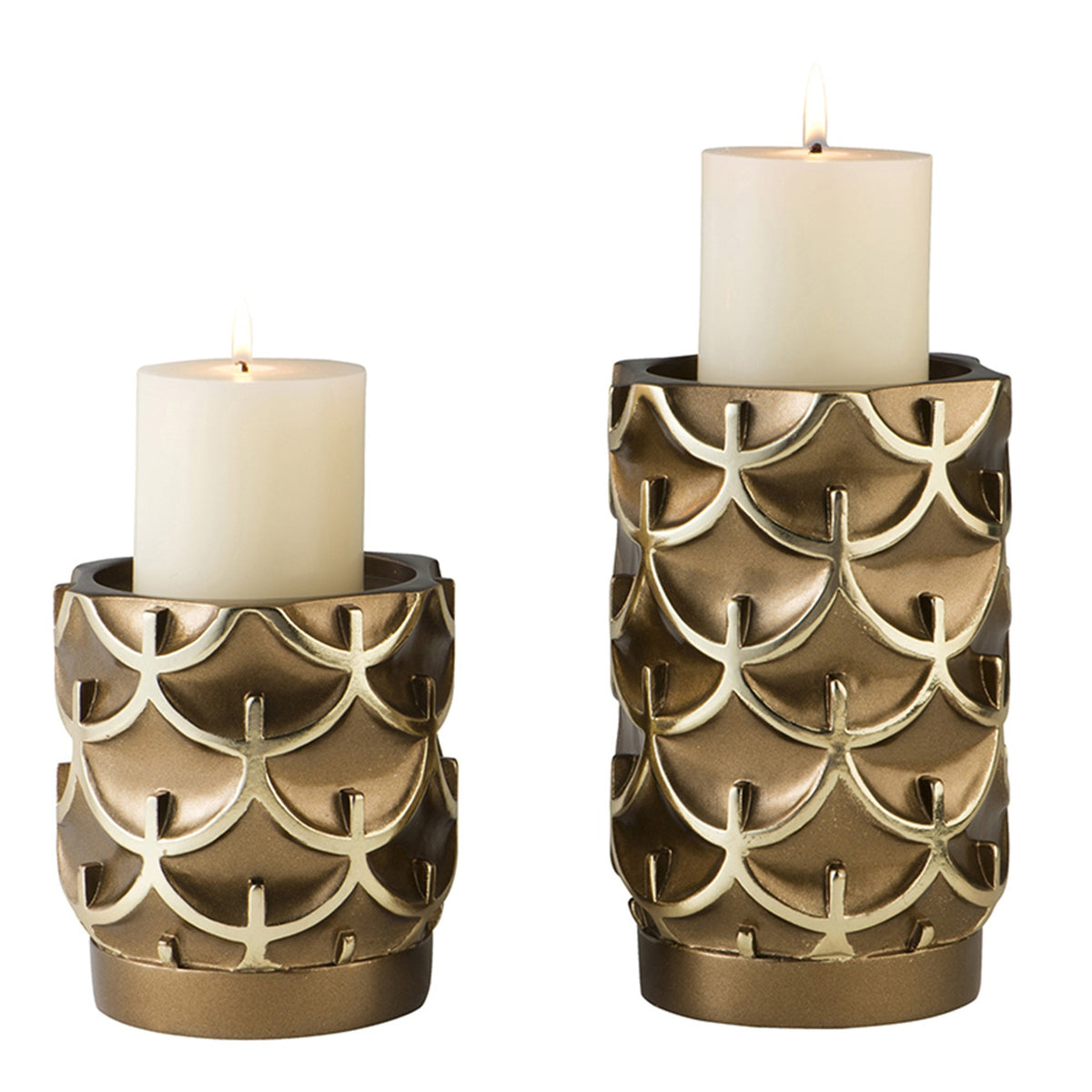 LAUREL SET OF TWO ANTIQUED BRASS TABLETOP PILLAR CANDLE HOLDERS