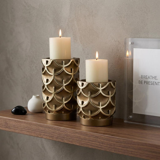 LAUREL SET OF TWO ANTIQUED BRASS TABLETOP PILLAR CANDLE HOLDERS