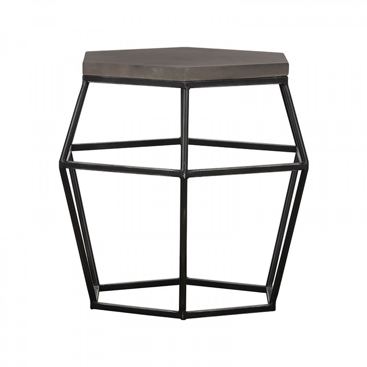 Hexagonal side table with geometric metal frame and concrete top on a white background