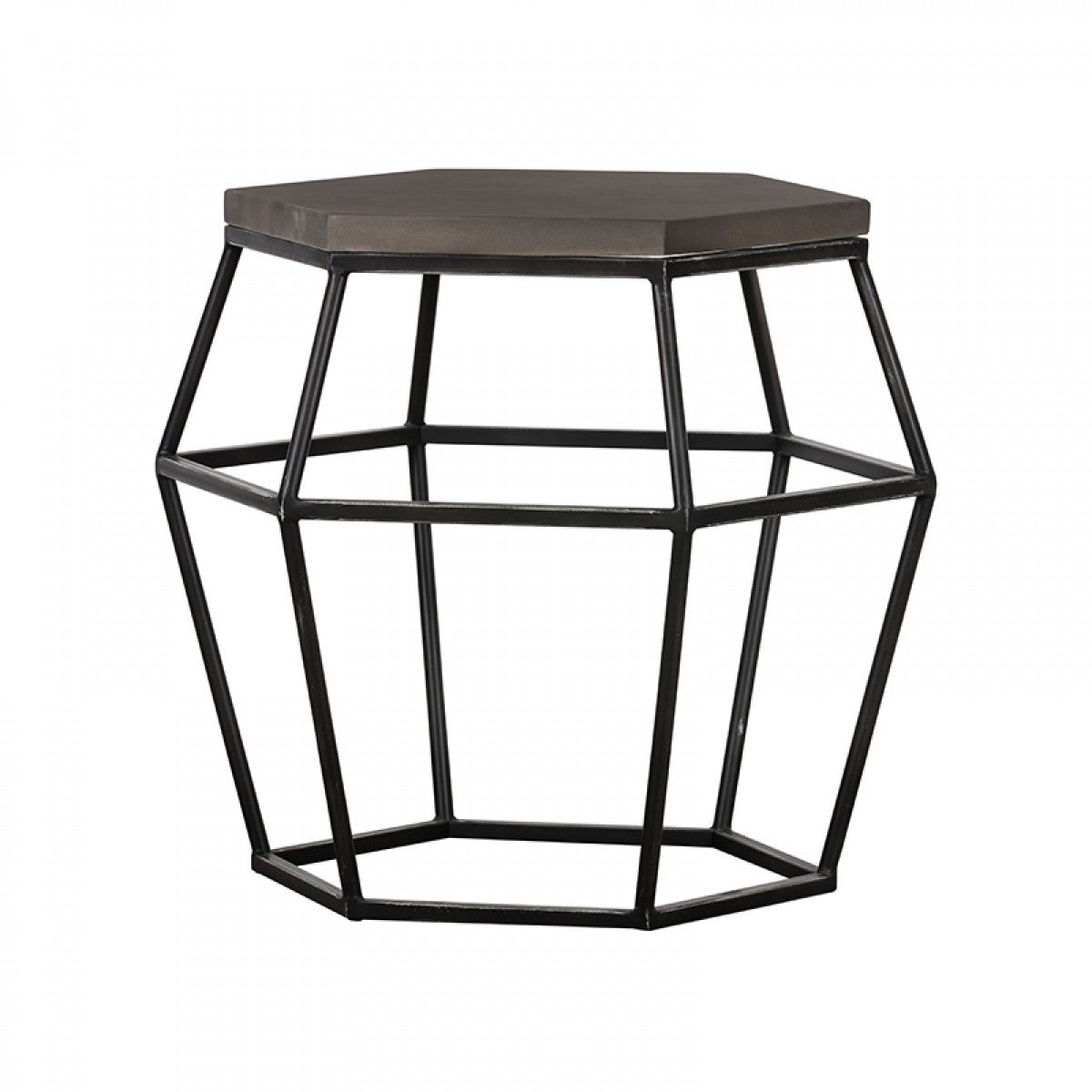 Hexagonal side table with geometric metal frame on a white background