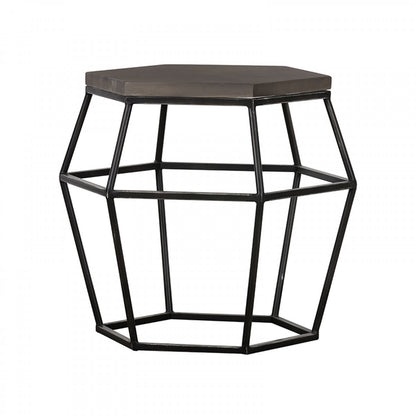 Hexagonal side table with geometric metal frame on a white background