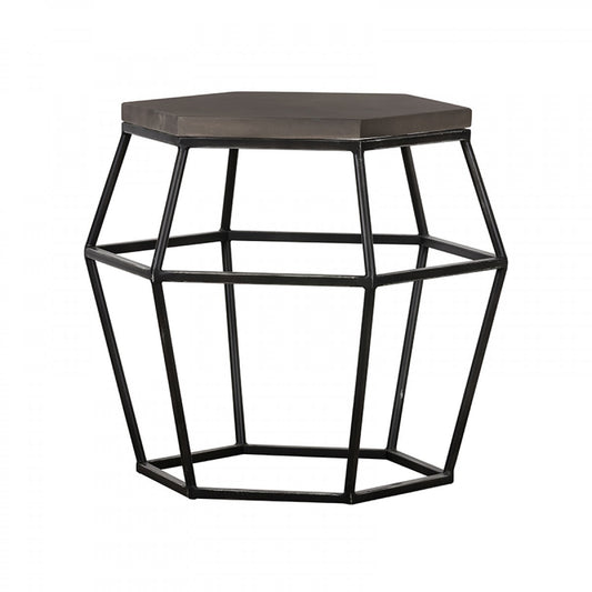 Hexagonal side table with geometric metal frame on a white background