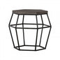 Hexagonal side table with geometric metal frame on a white background