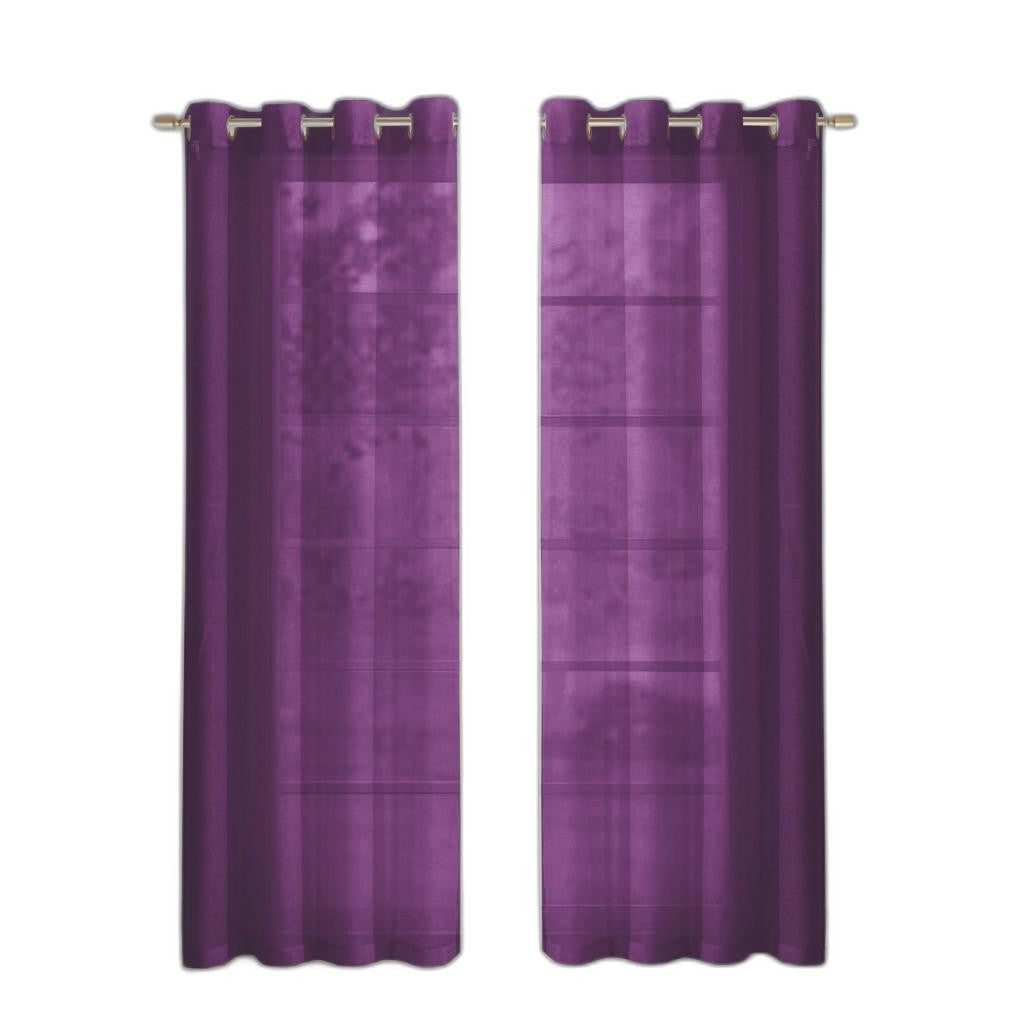 Pair of purple checkered curtains with grommets on a white background