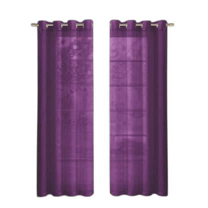 Pair of purple checkered curtains with grommets on a white background