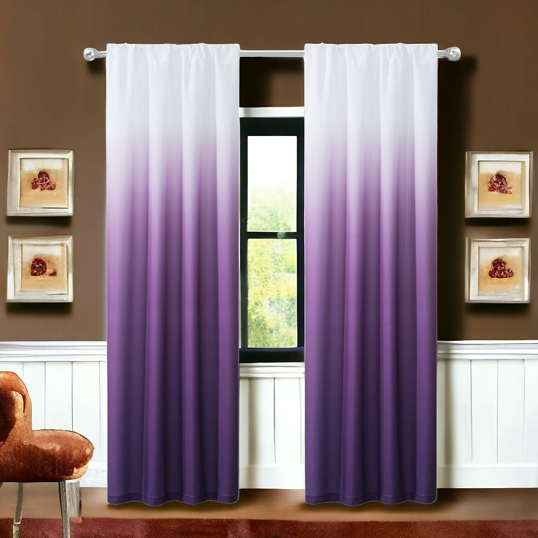 Gradient purple to white curtain hanging in a room with brown walls and framed pictures.