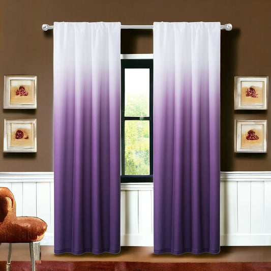 Gradient purple to white curtain hanging in a room with brown walls and framed pictures.