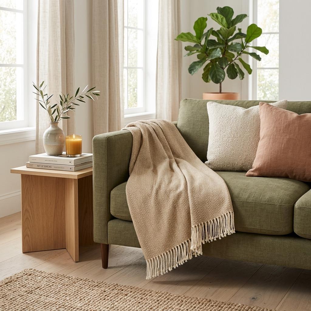 PALISADES 70" X 55" COPPER AND WHITE COTTON BLEND WOVEN HERRINGBONE PLUSH THROW BLANKET WITH TASSELS - Varnish & Vibe