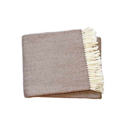 PALISADES 70" X 55" BROWN AND WHITE COTTON BLEND WOVEN HERRINGBONE PLUSH THROW BLANKET WITH TASSELS - Varnish & Vibe