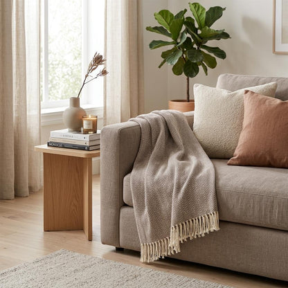 PALISADES 70" X 55" BROWN AND WHITE COTTON BLEND WOVEN HERRINGBONE PLUSH THROW BLANKET WITH TASSELS - Varnish & Vibe