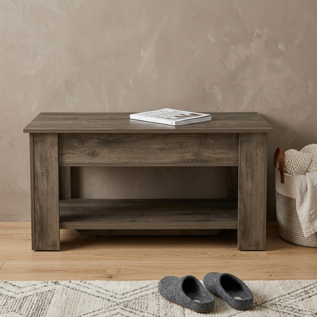 Palisades storage bench styled in an entryway with shoes
