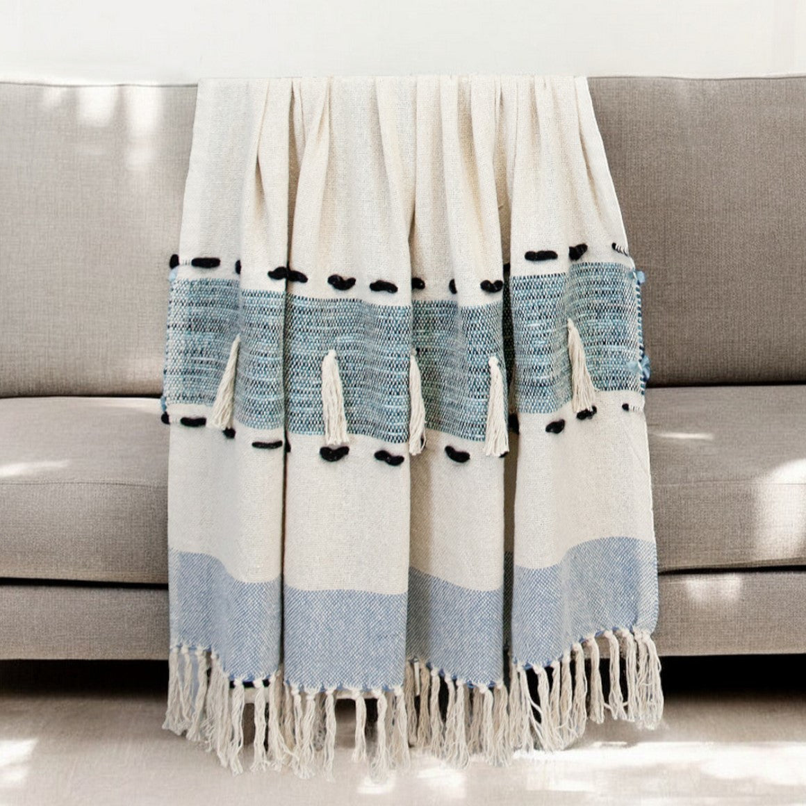 MALIBU 50" X 60" BLUE AND IVORY WOVEN COTTON STRIPED THROW BLANKET WITH TASSELS - Varnish & Vibe