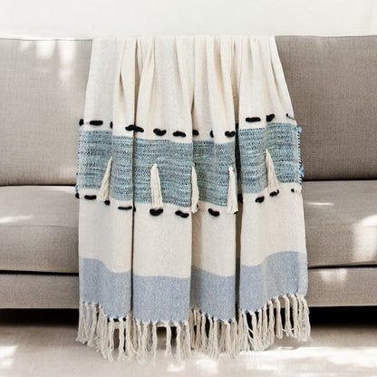 MALIBU 50" X 60" BLUE AND IVORY WOVEN COTTON STRIPED THROW BLANKET WITH TASSELS - Varnish & Vibe