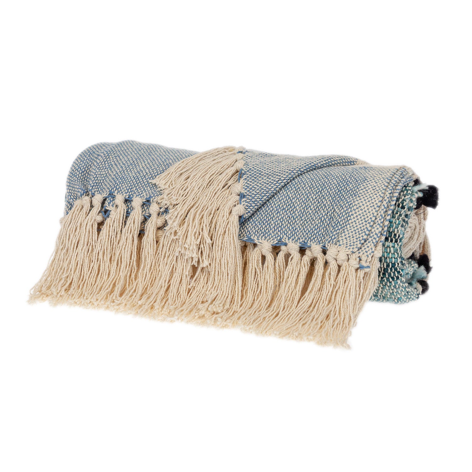 MALIBU 50" X 60" BLUE AND IVORY WOVEN COTTON STRIPED THROW BLANKET WITH TASSELS - Varnish & Vibe