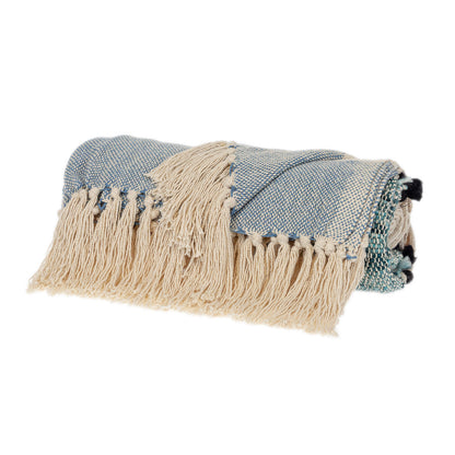 MALIBU 50" X 60" BLUE AND IVORY WOVEN COTTON STRIPED THROW BLANKET WITH TASSELS - Varnish & Vibe