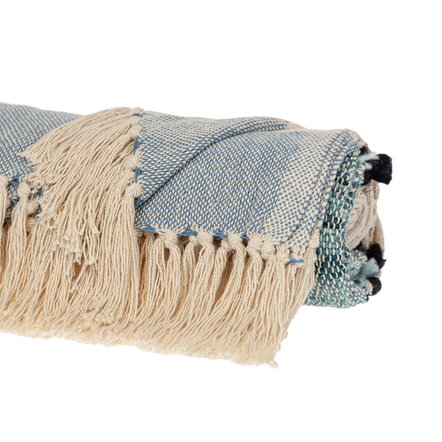 MALIBU 50" X 60" BLUE AND IVORY WOVEN COTTON STRIPED THROW BLANKET WITH TASSELS - Varnish & Vibe