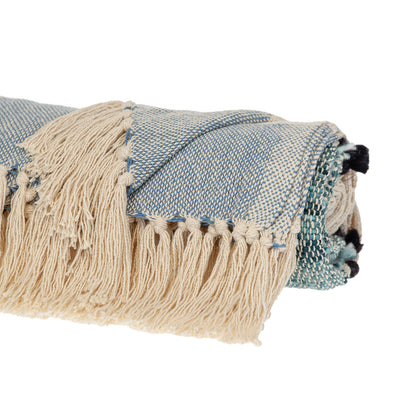 MALIBU 50" X 60" BLUE AND IVORY WOVEN COTTON STRIPED THROW BLANKET WITH TASSELS - Varnish & Vibe