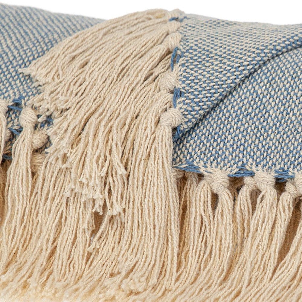 MALIBU 50" X 60" BLUE AND IVORY WOVEN COTTON STRIPED THROW BLANKET WITH TASSELS - Varnish & Vibe