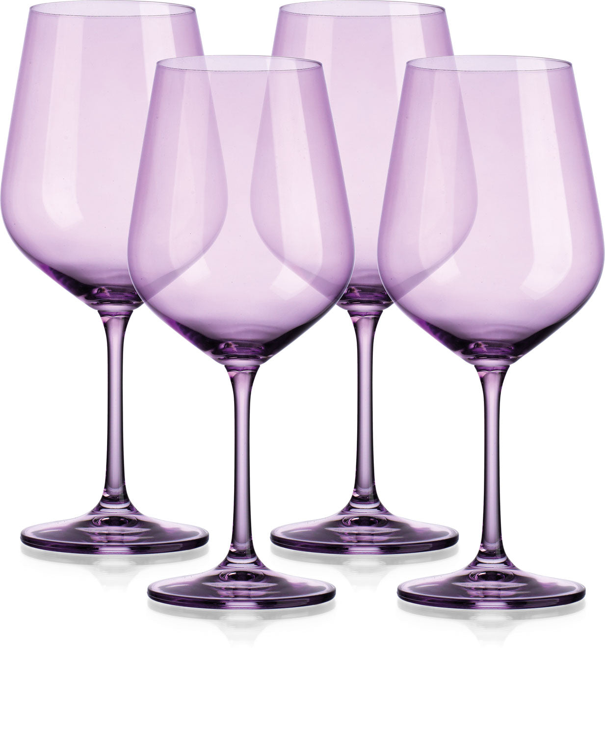 Four purple wine glasses on a white background