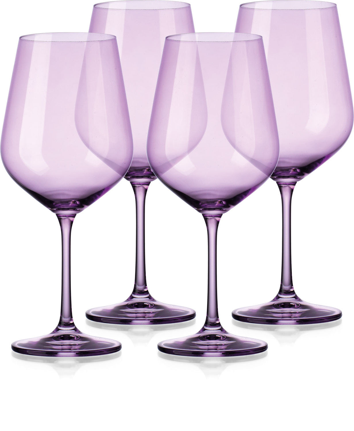 Four purple wine glasses on a white background