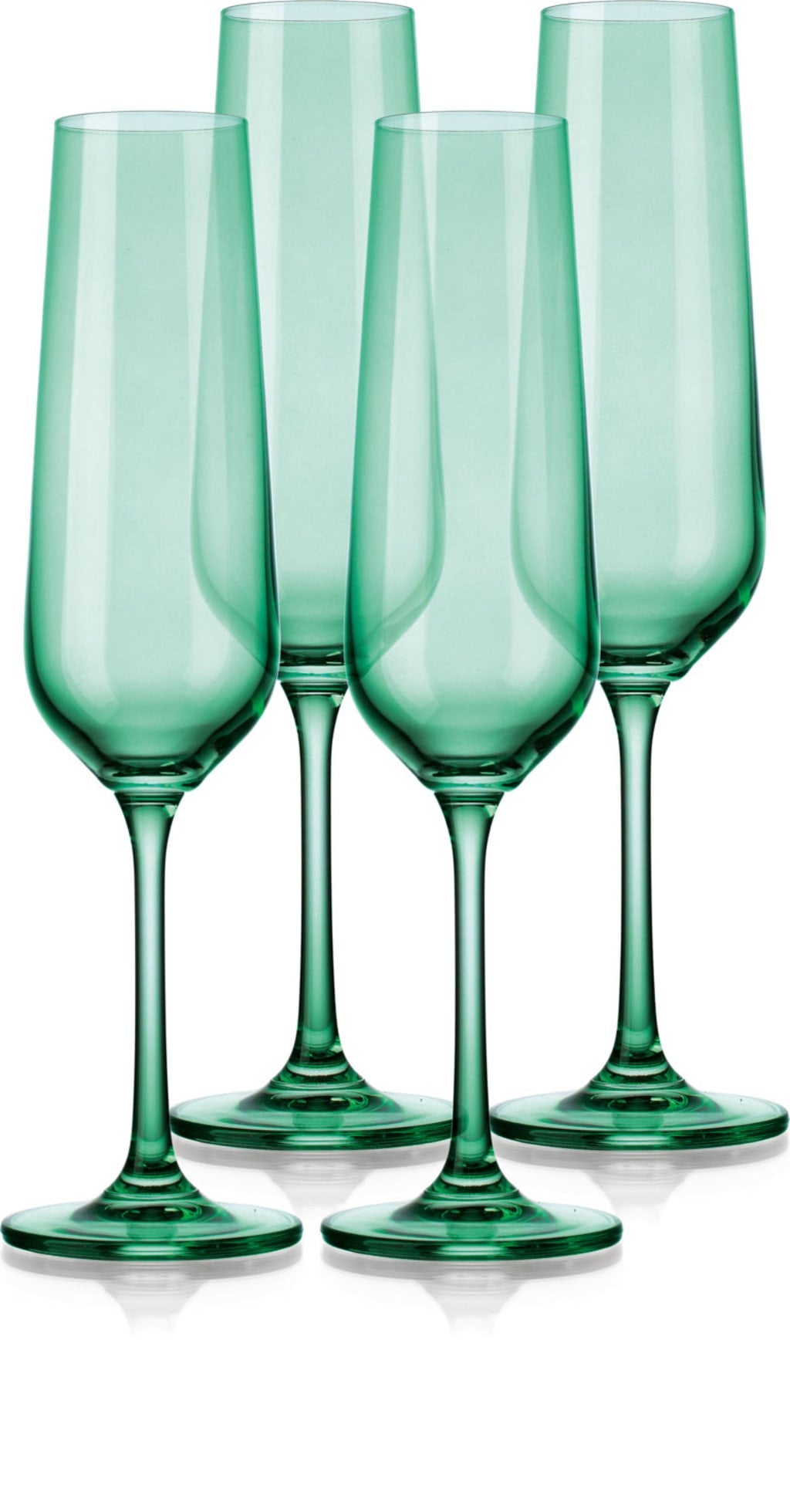OCEAN SET OF FOUR BOHEMIAN GREEN CRYSTAL FLUTE GLASSES