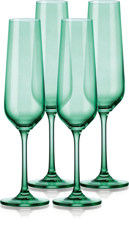 OCEAN SET OF FOUR BOHEMIAN GREEN CRYSTAL FLUTE GLASSES