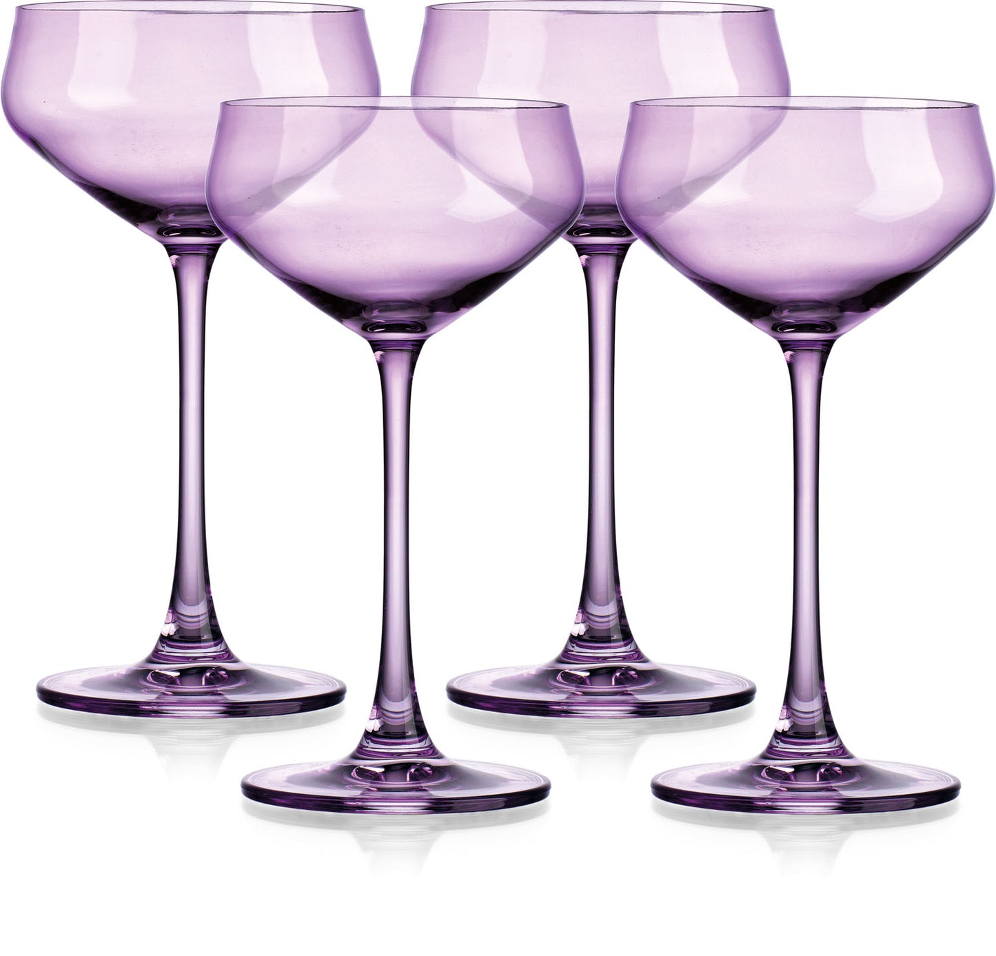 Set of four purple wine glasses on a white background