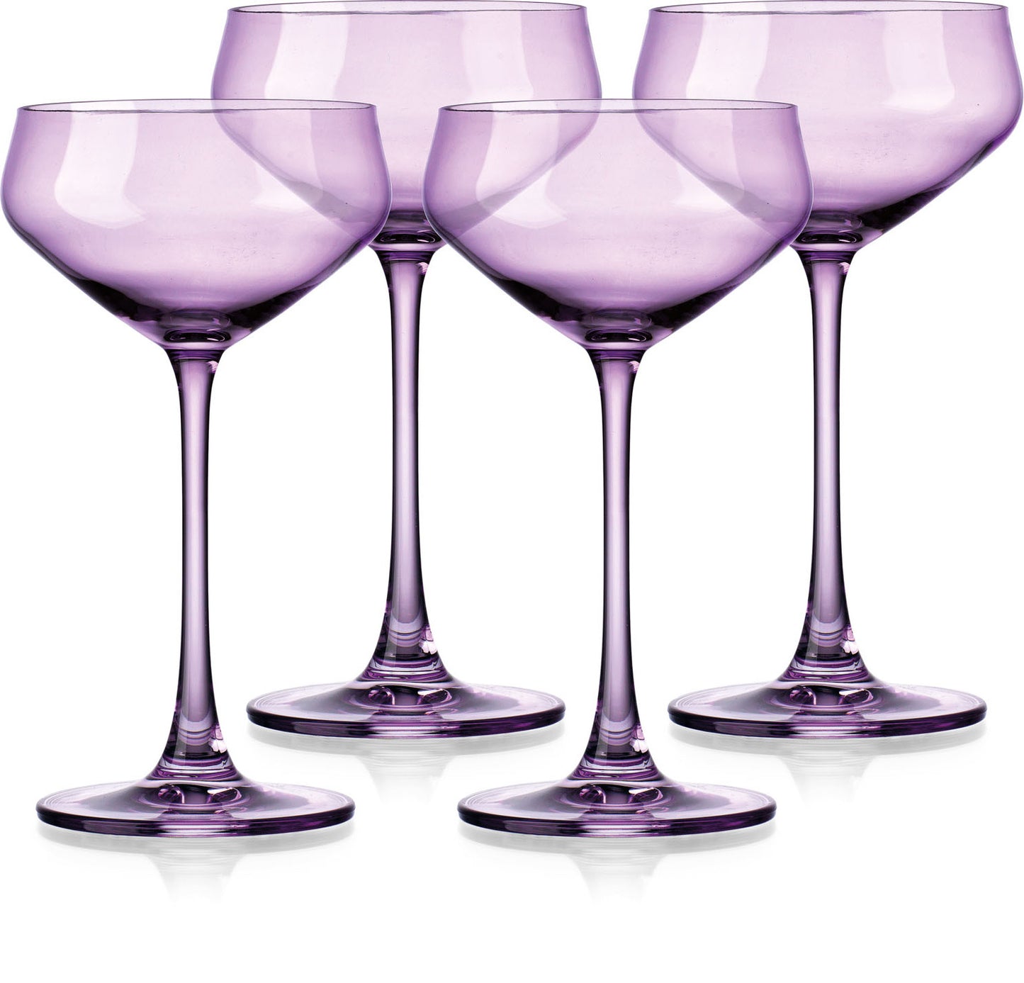 Set of four purple wine glasses on a white background