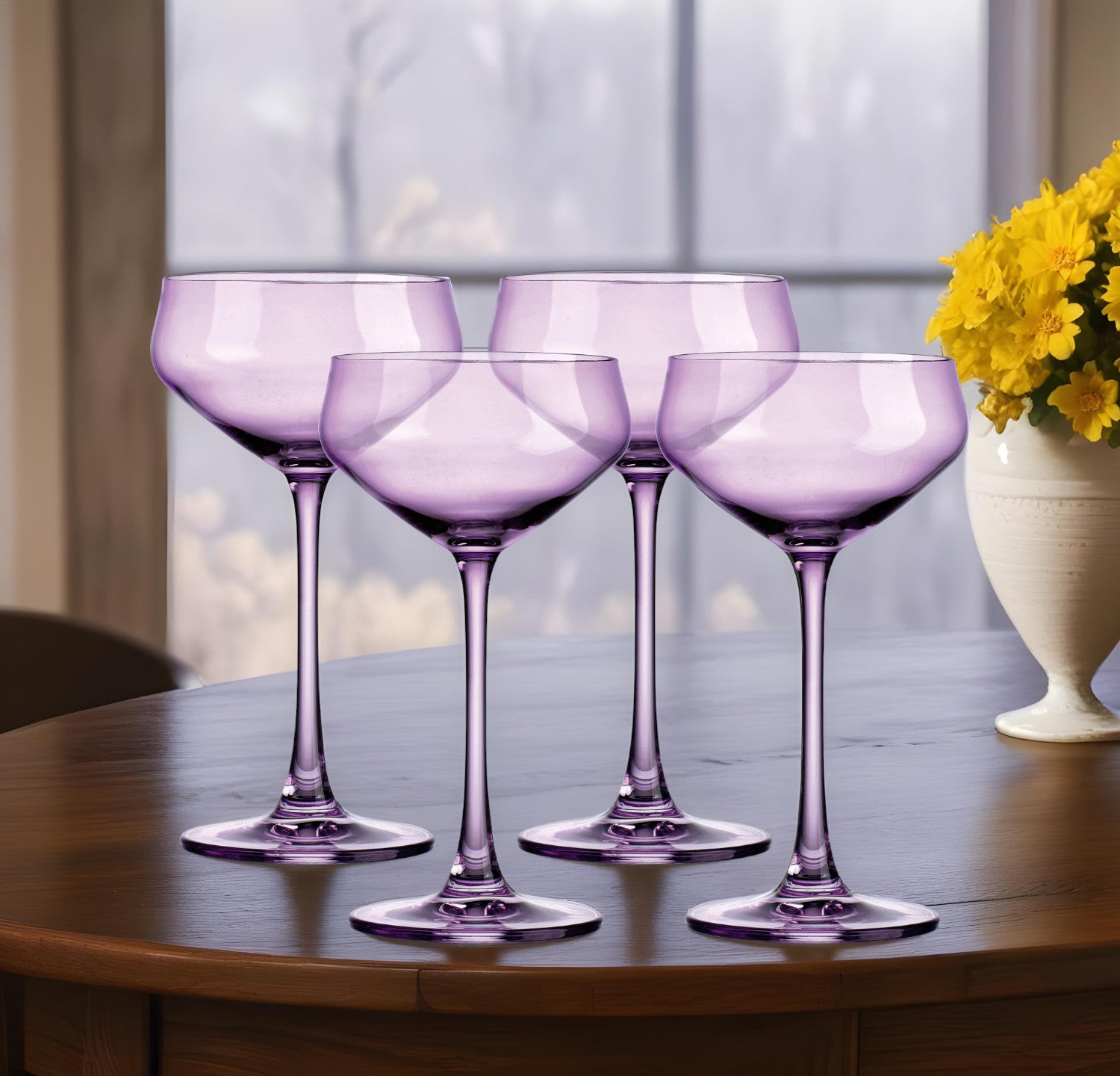 Set of four purple wine glasses on a wooden table with a blurred background