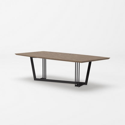 Wooden table with black metal legs on a white background