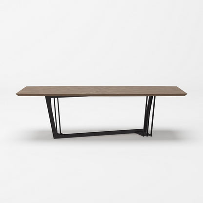 Wooden table with black metal legs on a white background