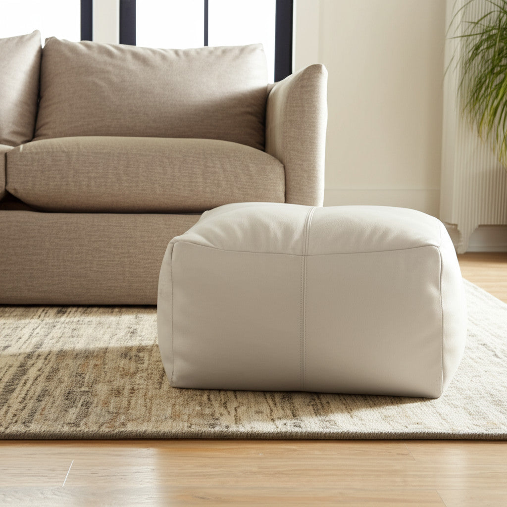 MALIBU 22" IVORY LEATHER POUF OTTOMAN - Varnish & Vibe