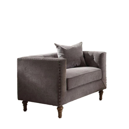 LAUREL 41" GRAY AND ANTIQUED BRASS VELVET TUFTED ARMCHAIR AND TOSS PILLOW