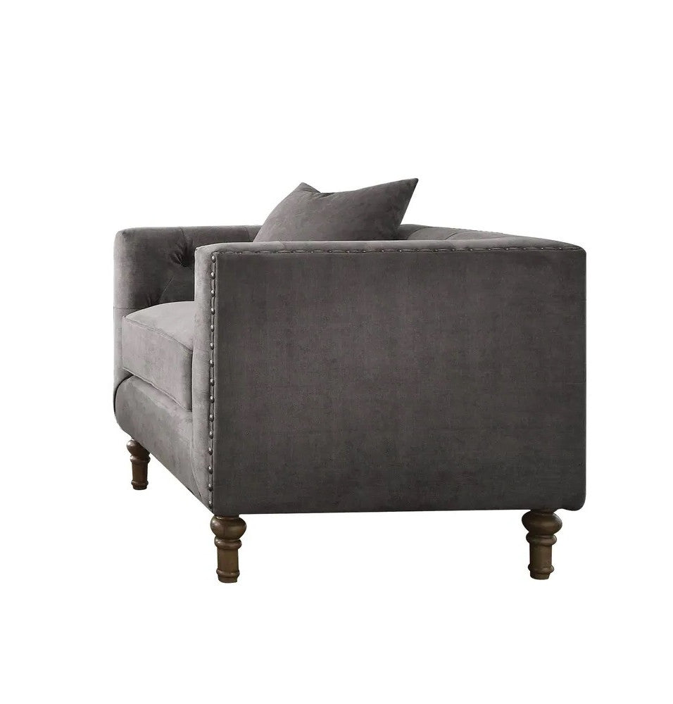LAUREL 41" GRAY AND ANTIQUED BRASS VELVET TUFTED ARMCHAIR AND TOSS PILLOW